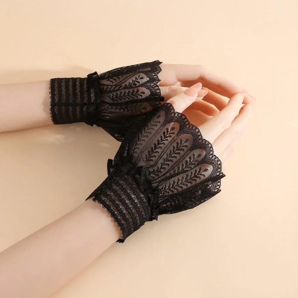 Women's Evening Black Short Lace Wrist Cuffs Gloves Party Costume Accessory - Picture 4 of 6